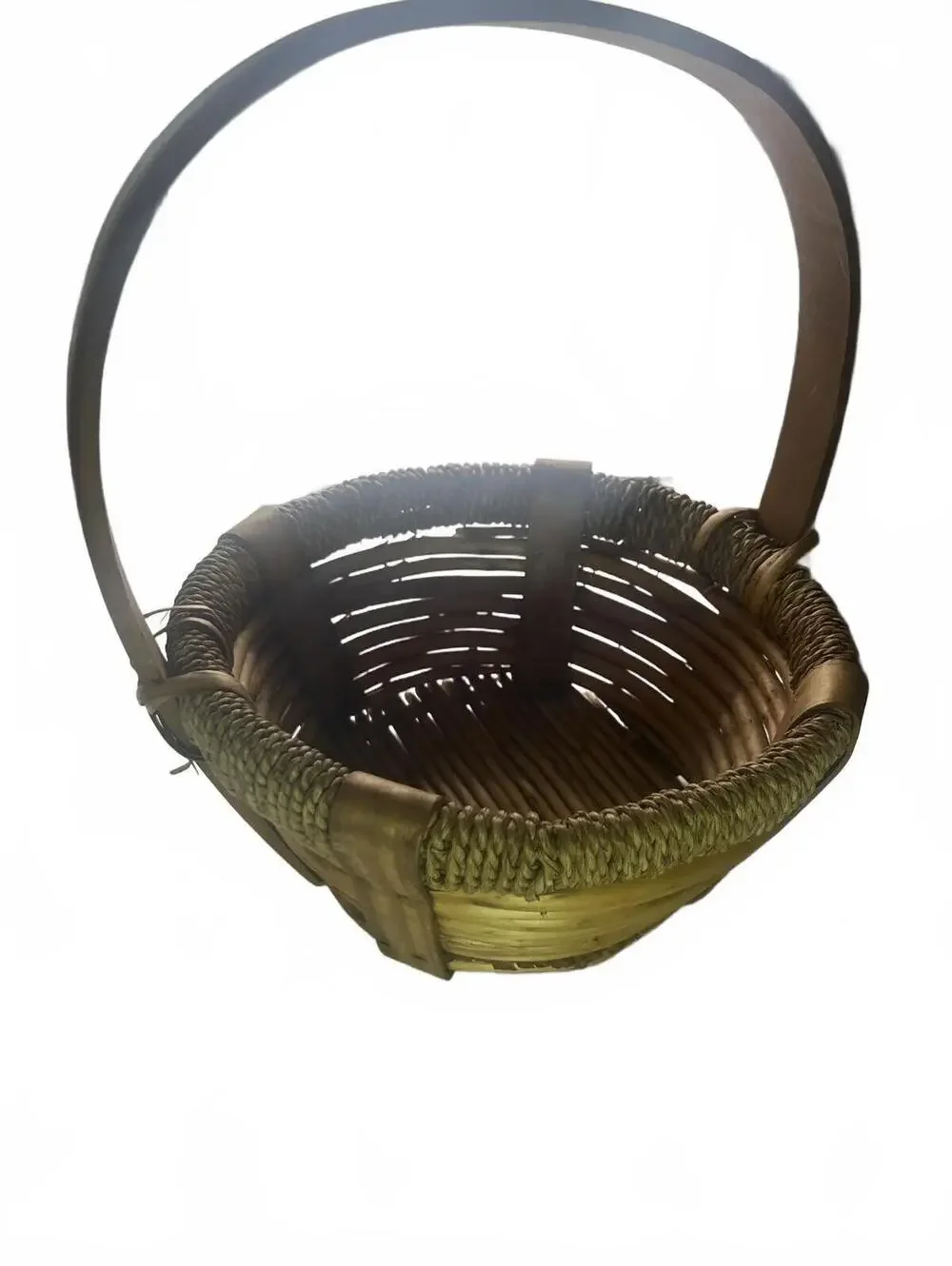 Vintage Wooden Woven Rattan Basket with Arc Handle